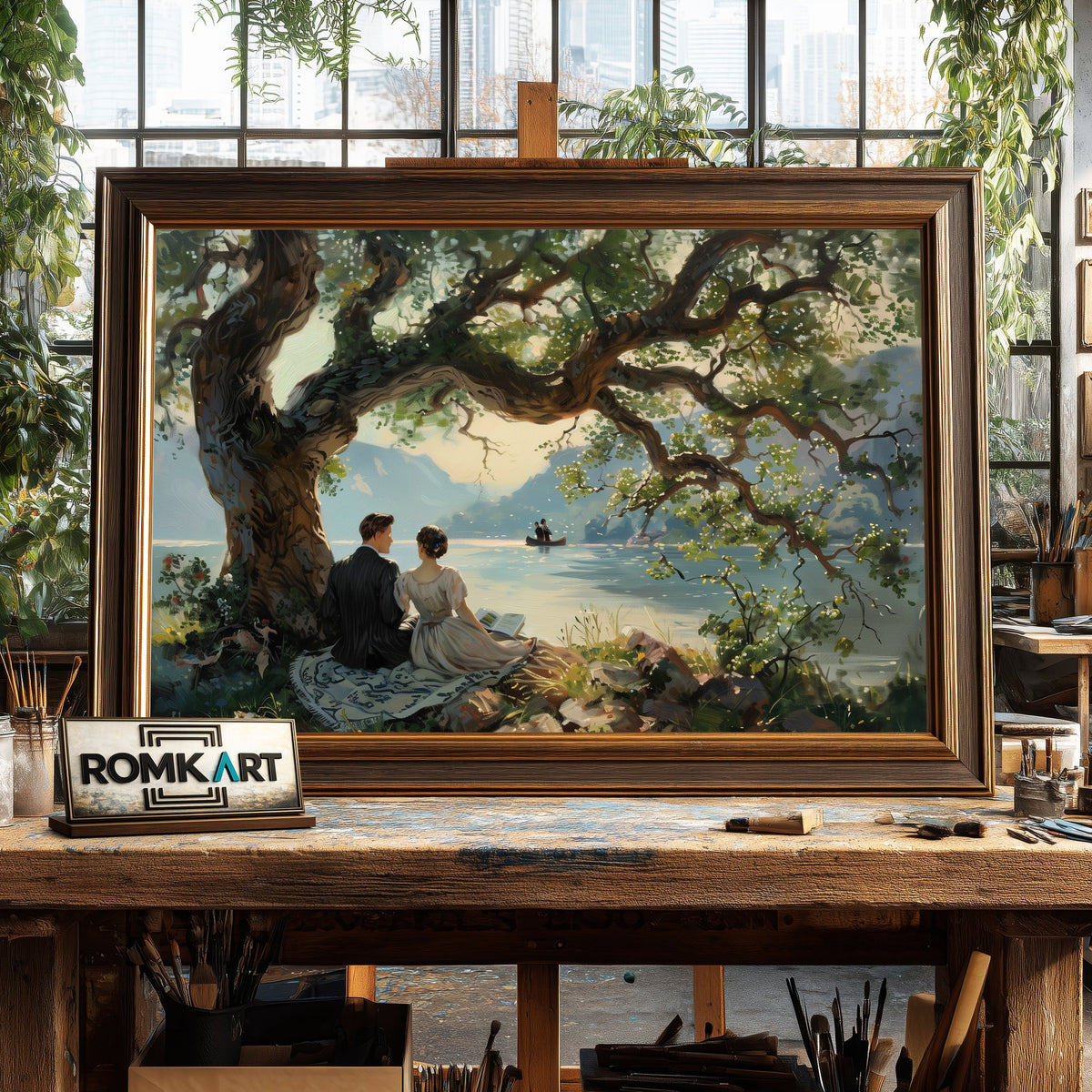 Couple Lakeside Waterscape Oil Painting - image 2