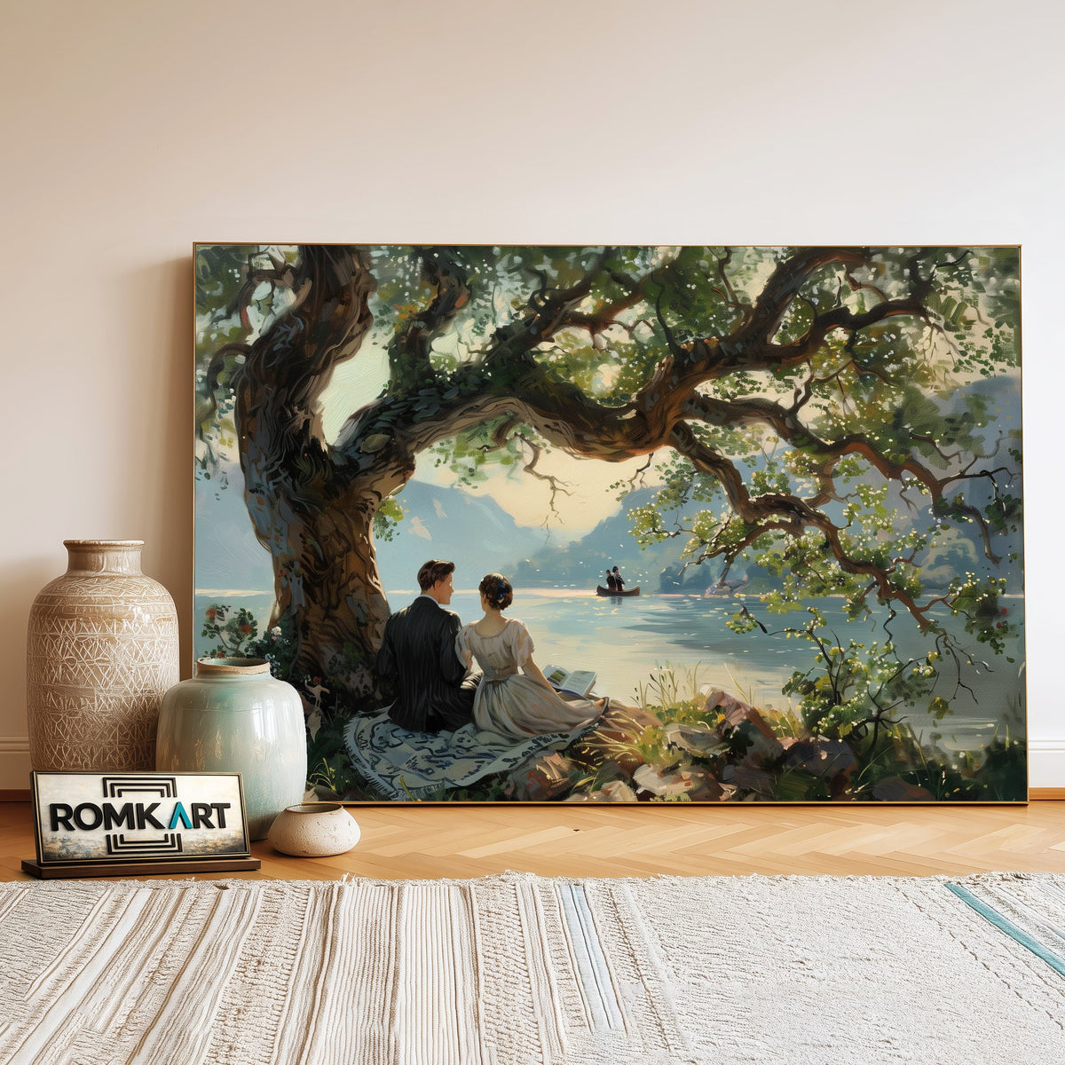 Couple Lakeside Waterscape Oil Painting - image 3