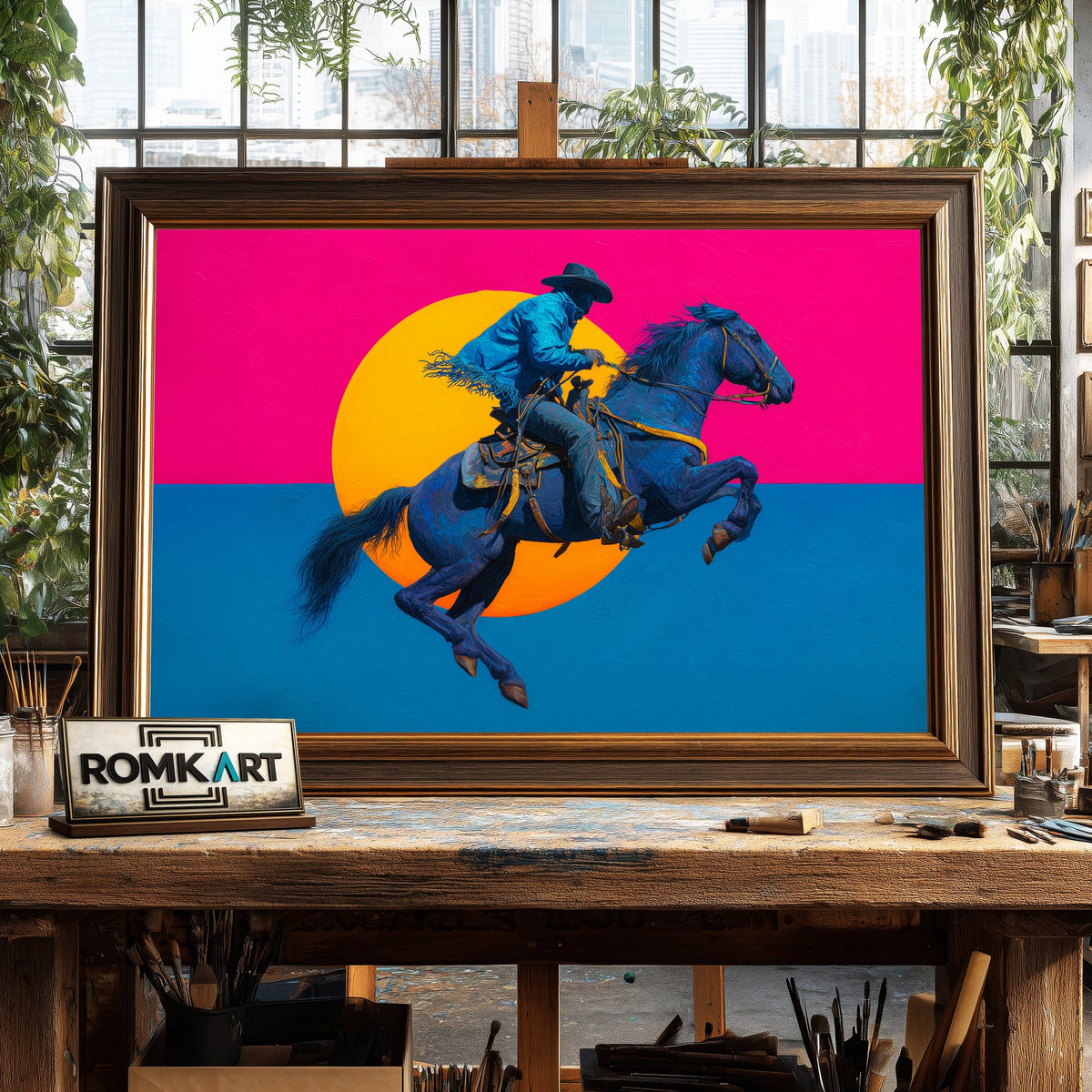 Cowboy Riding a Bucking Horse Equestrian Oil Painting - image 2