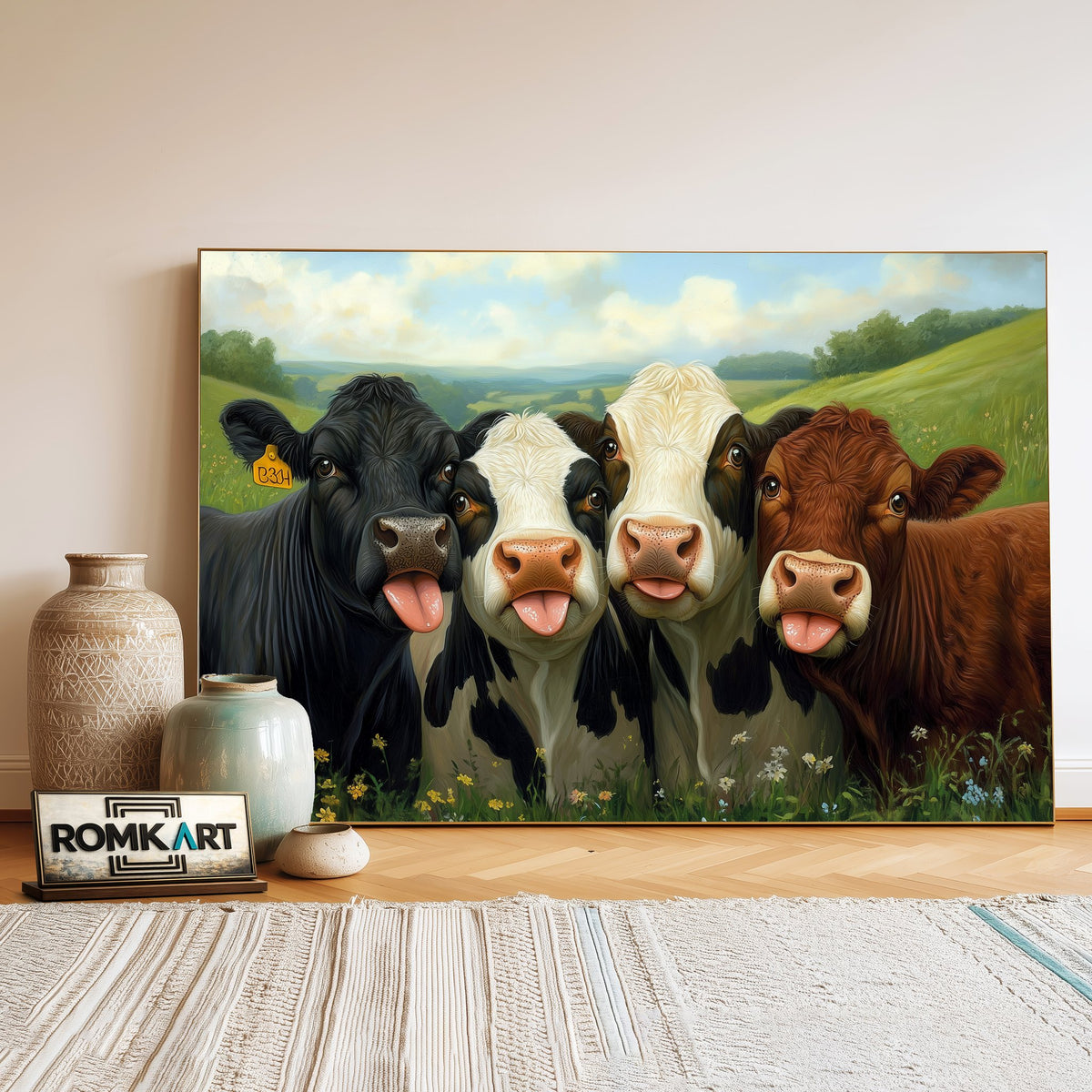 Cows Huddled Together Farm Animal Oil Painting - image 3