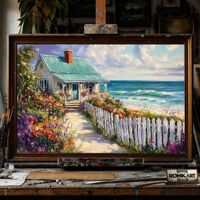 Cozy Seaside Cottage Seascape Oil Painting