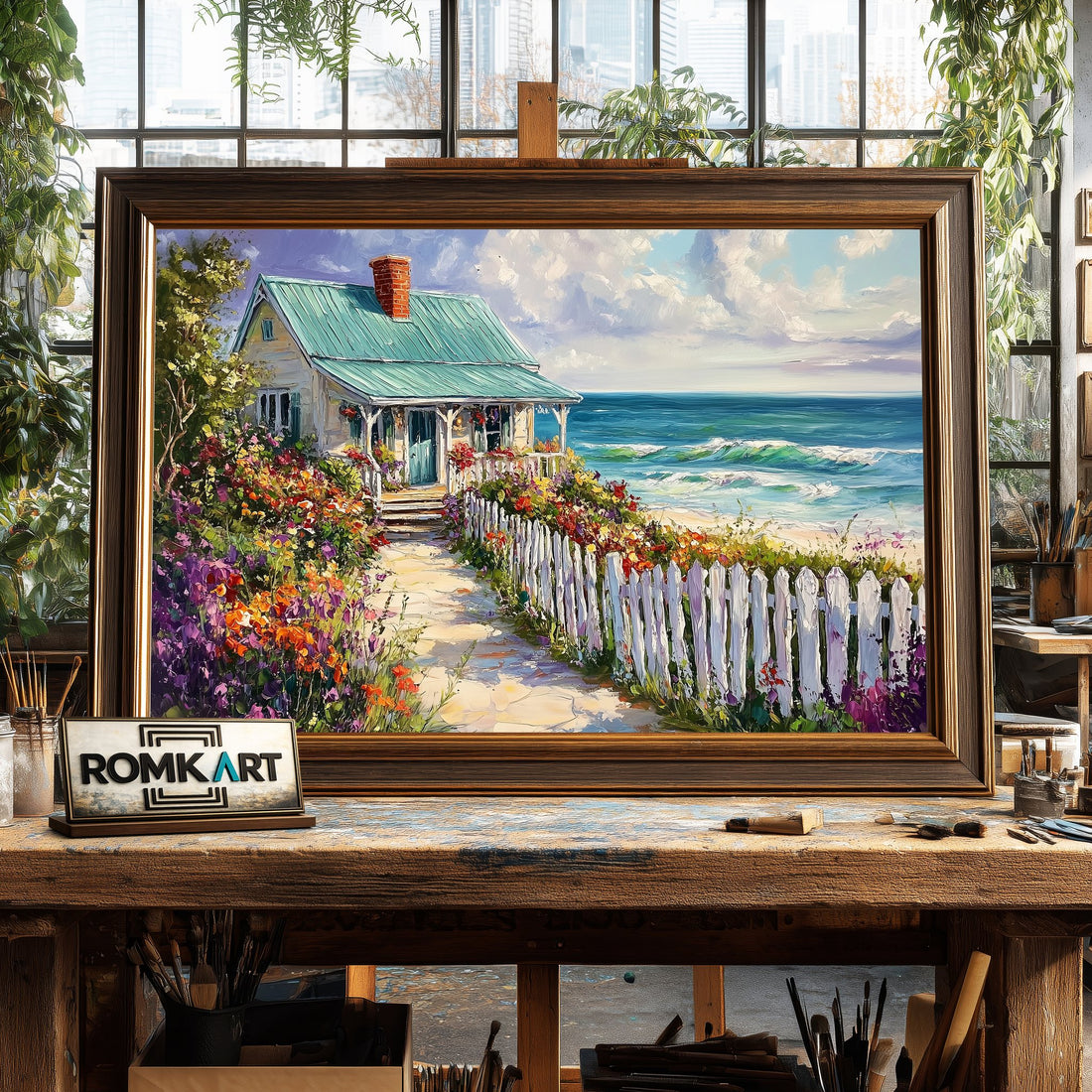 Cozy Seaside Cottage Seascape Oil Painting