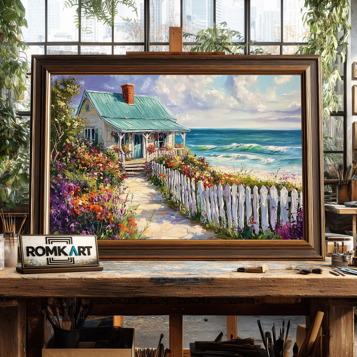 Cozy Seaside Cottage Seascape Oil Painting - image 2