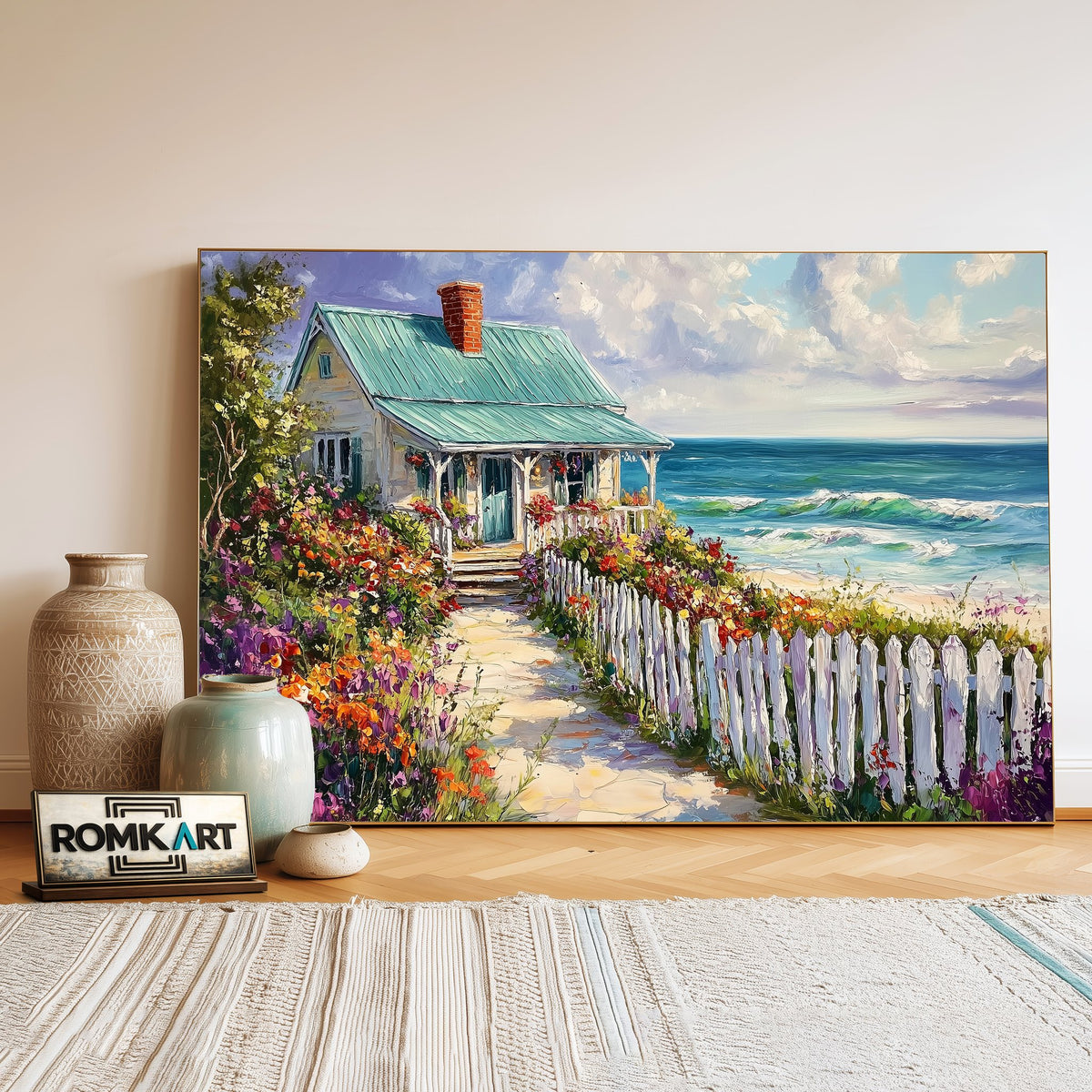 Cozy Seaside Cottage Seascape Oil Painting - image 3