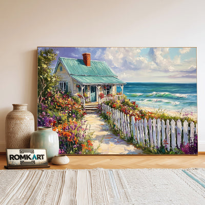 Cozy Seaside Cottage Seascape Oil Painting - image 3