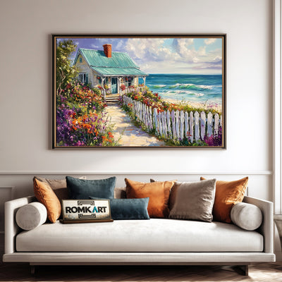 Cozy Seaside Cottage Seascape Oil Painting - image 4