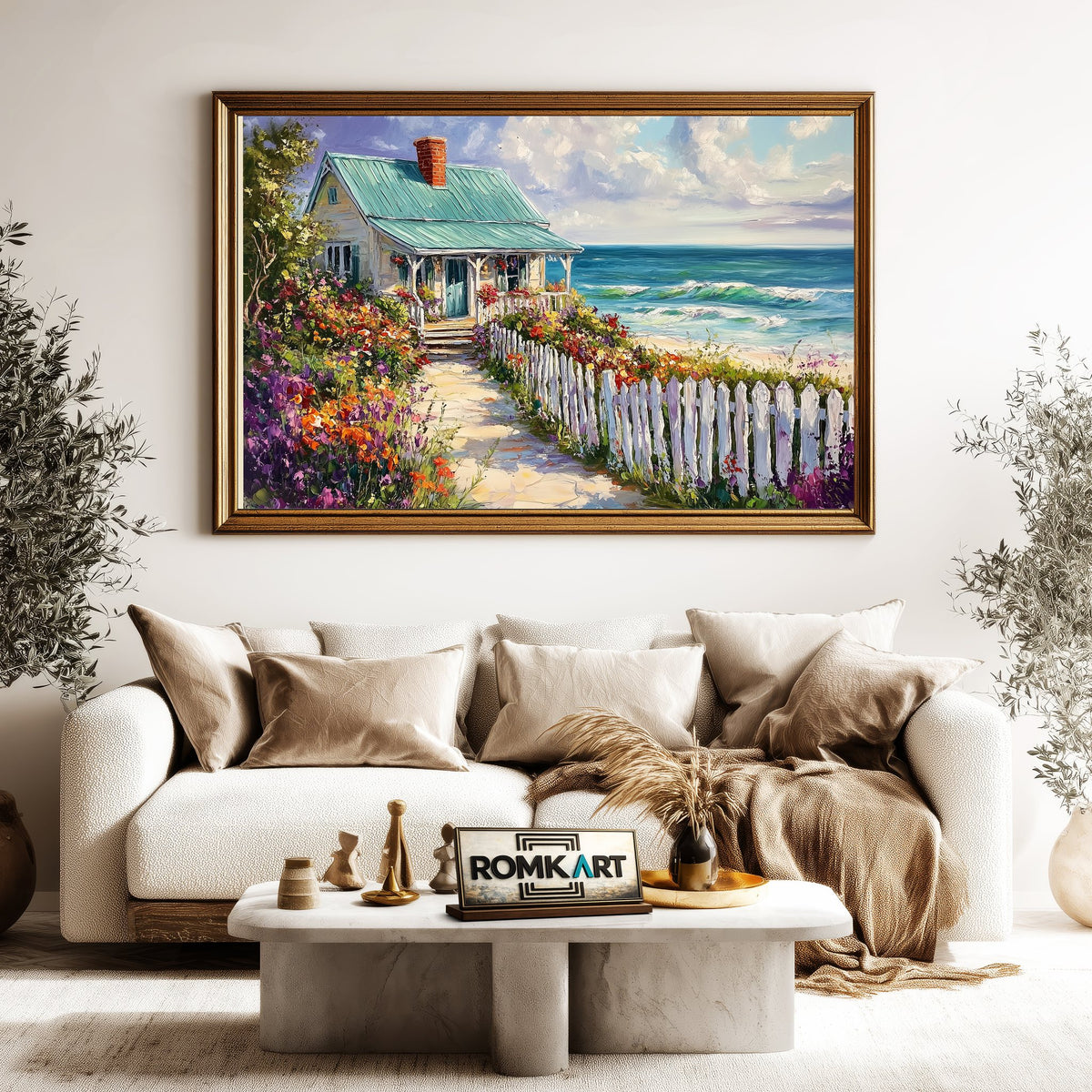Cozy Seaside Cottage Seascape Oil Painting - image 5