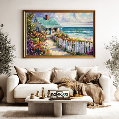 Cozy Seaside Cottage Seascape Oil Painting - image 5