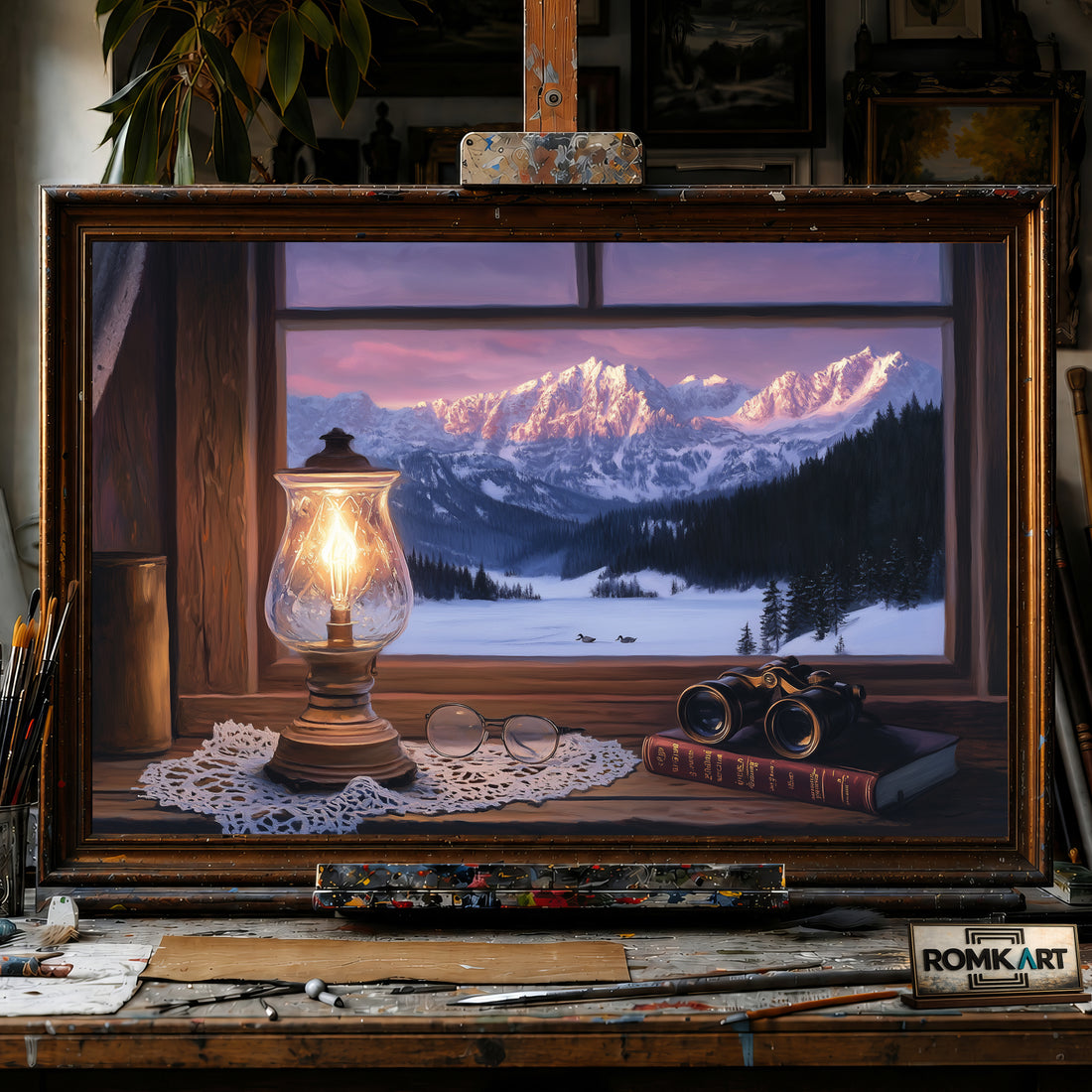 Cozy Winter Through Wooden Window hand-painted oil painting on canvas