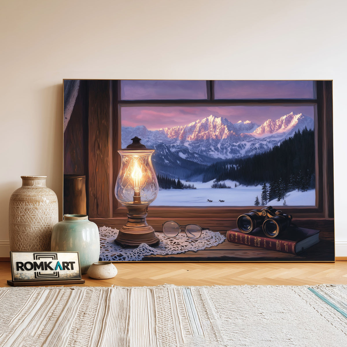 Cozy Winter Through Wooden Window Countryside Oil Painting - image 3