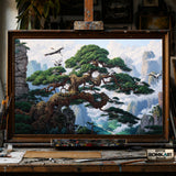 Cranes and Ancient Pine Trees hand-painted oil painting on canvas