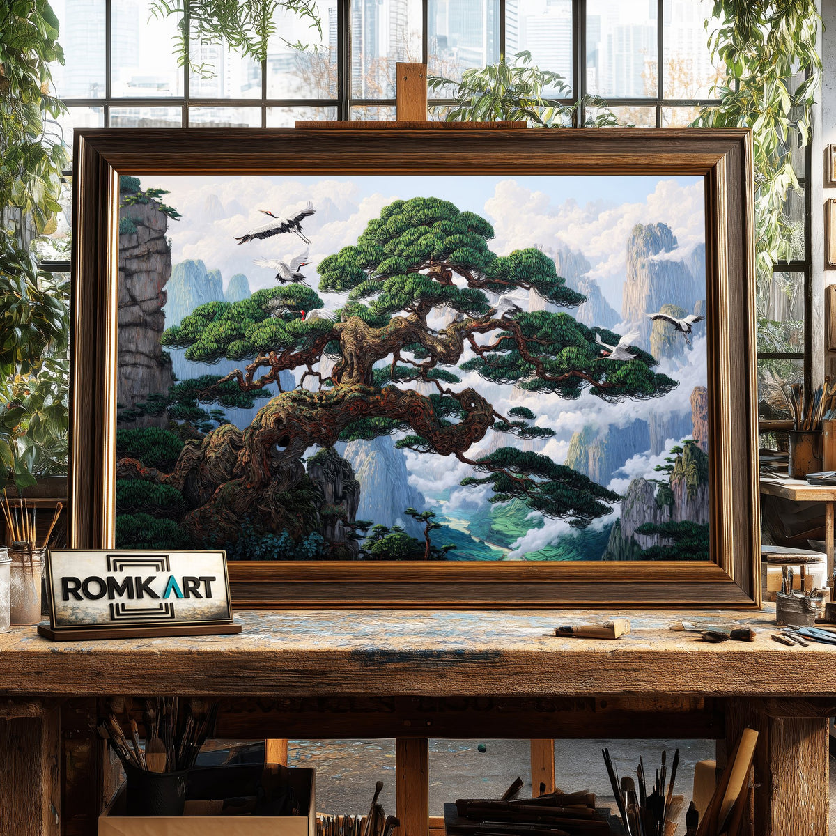 Cranes and Ancient Pine Trees Forest Landscape Oil Painting - image 2