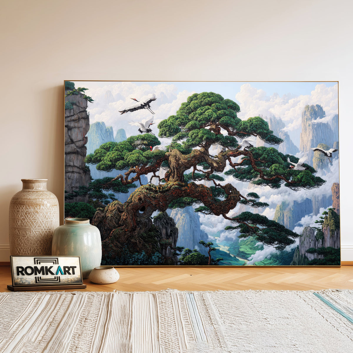 Cranes and Ancient Pine Trees Forest Landscape Oil Painting - image 3