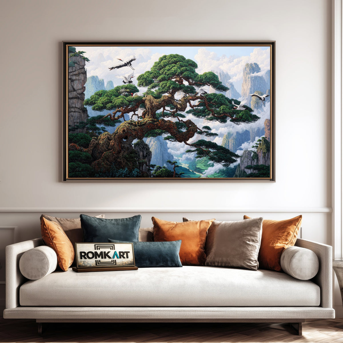 Cranes and Ancient Pine Trees Forest Landscape Oil Painting - image 4