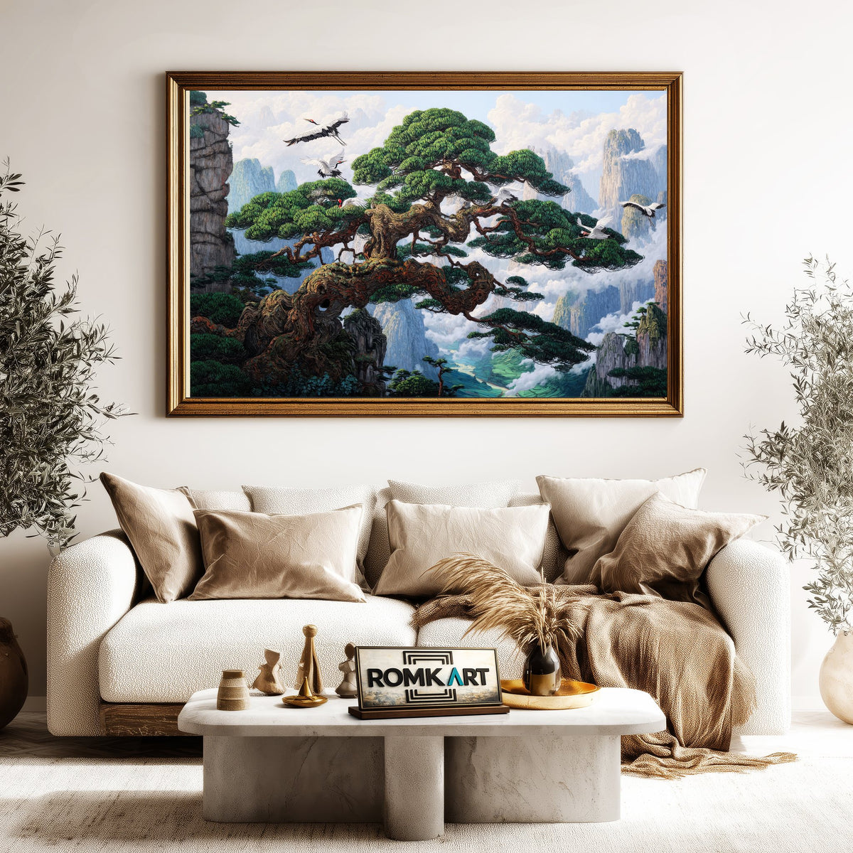 Cranes and Ancient Pine Trees Forest Landscape Oil Painting - image 5
