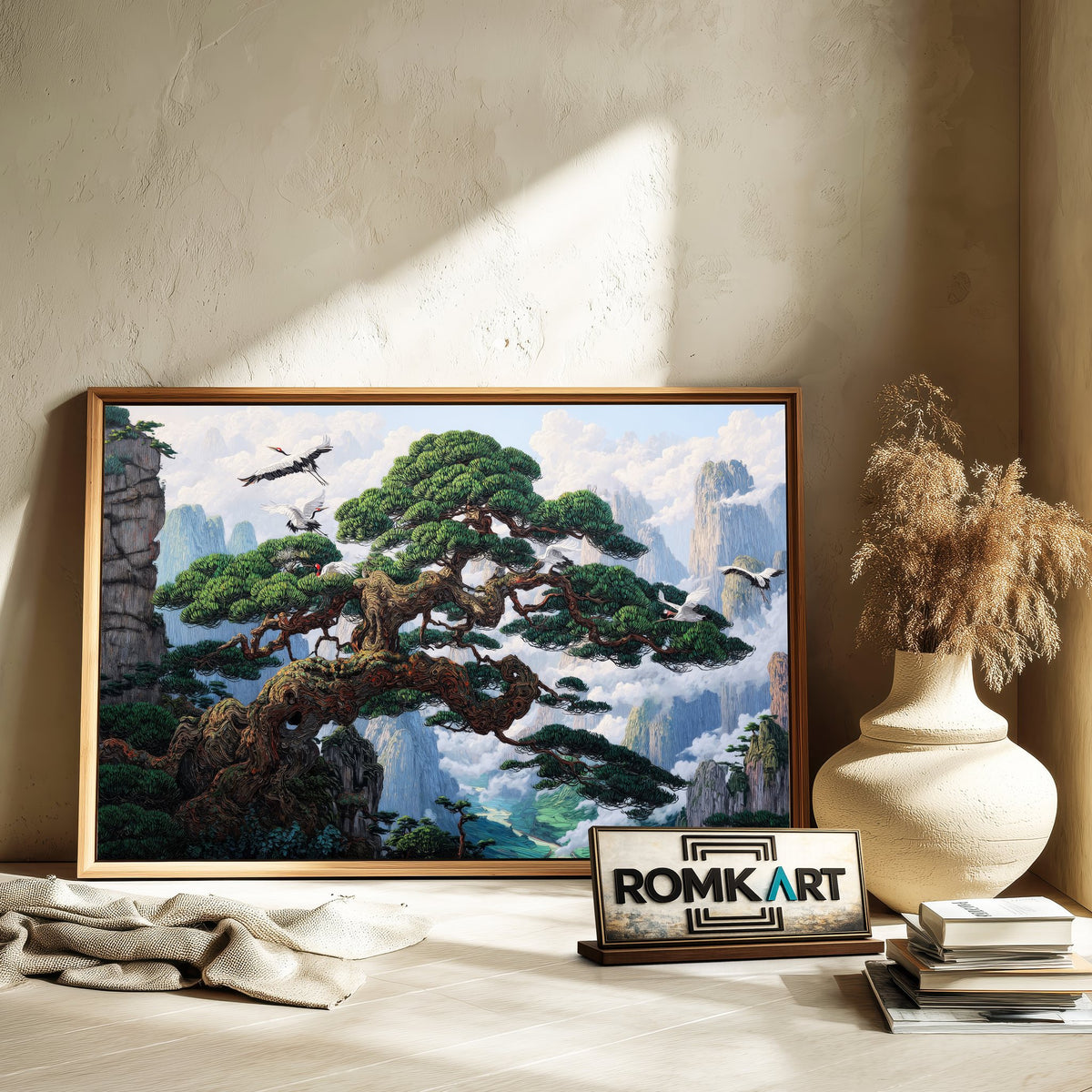 Cranes and Ancient Pine Trees Forest Landscape Oil Painting - image 6