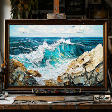 Crashing Turquoise Waves Seascape Oil Painting
