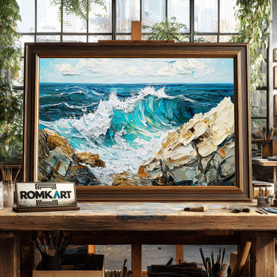 Crashing Turquoise Waves Seascape Oil Painting - image 2