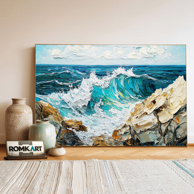 Crashing Turquoise Waves Seascape Oil Painting - image 3