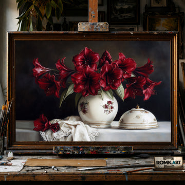 Crimson Amaryllis flowers Still Life Oil Painting