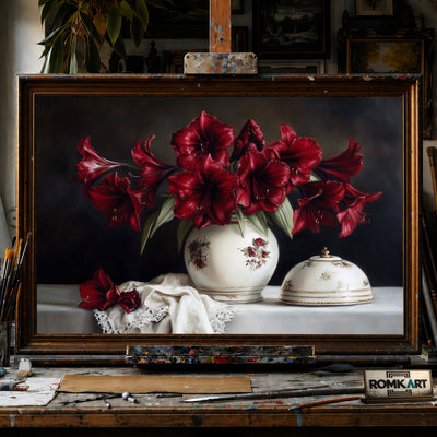Crimson Amaryllis flowers Still Life Oil Painting