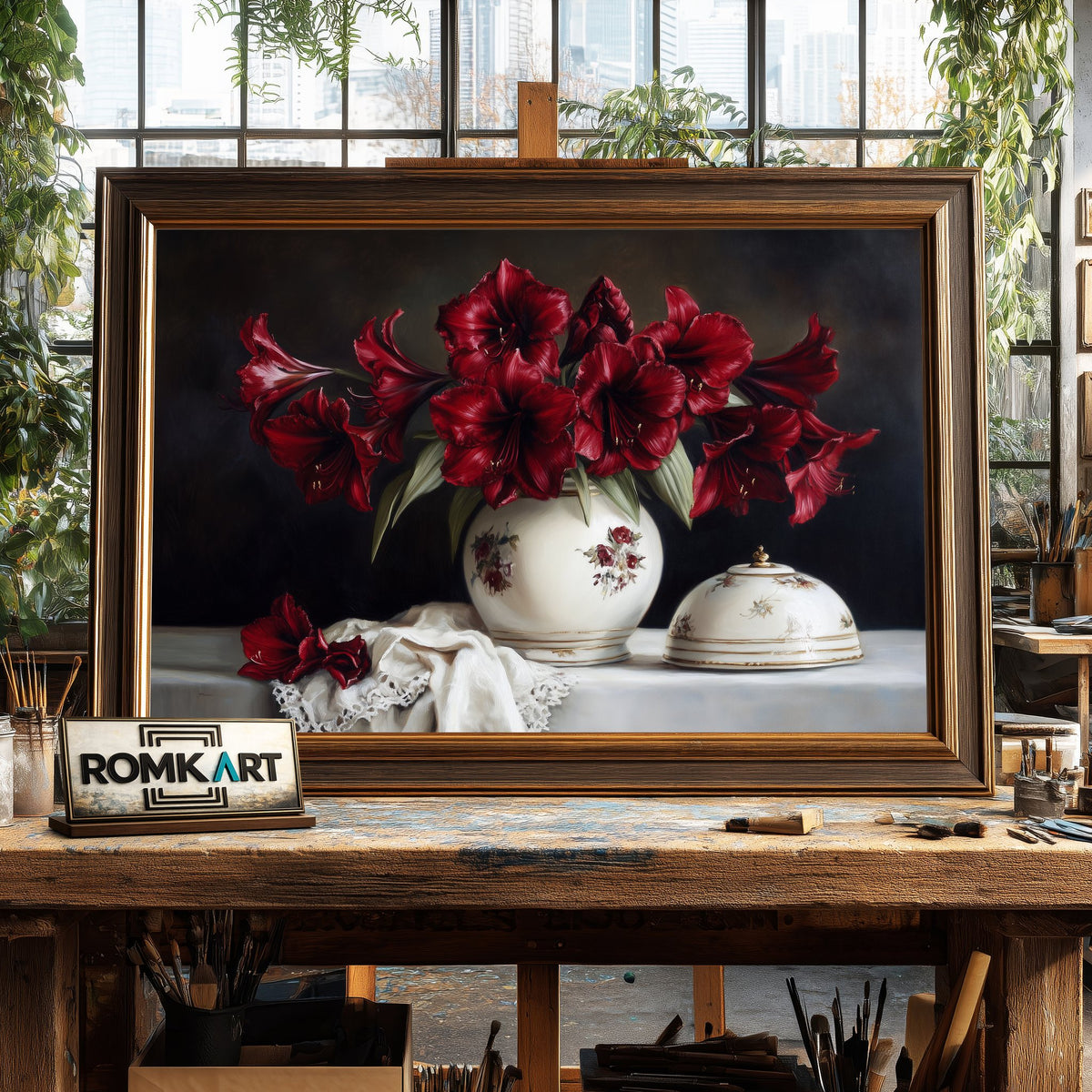 Crimson Amaryllis flowers Still Life Oil Painting - image 2