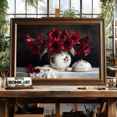 Crimson Amaryllis flowers Still Life Oil Painting - image 2