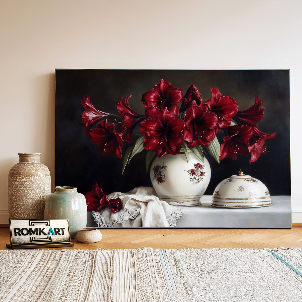 Crimson Amaryllis flowers Still Life Oil Painting - image 3