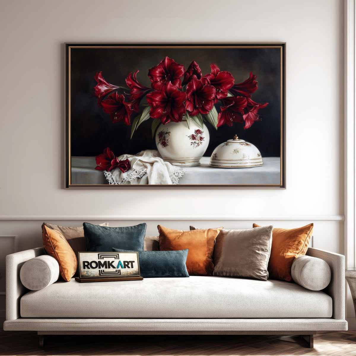 Crimson Amaryllis flowers Still Life Oil Painting - image 4