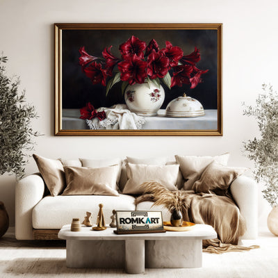 Crimson Amaryllis flowers Still Life Oil Painting - image 5