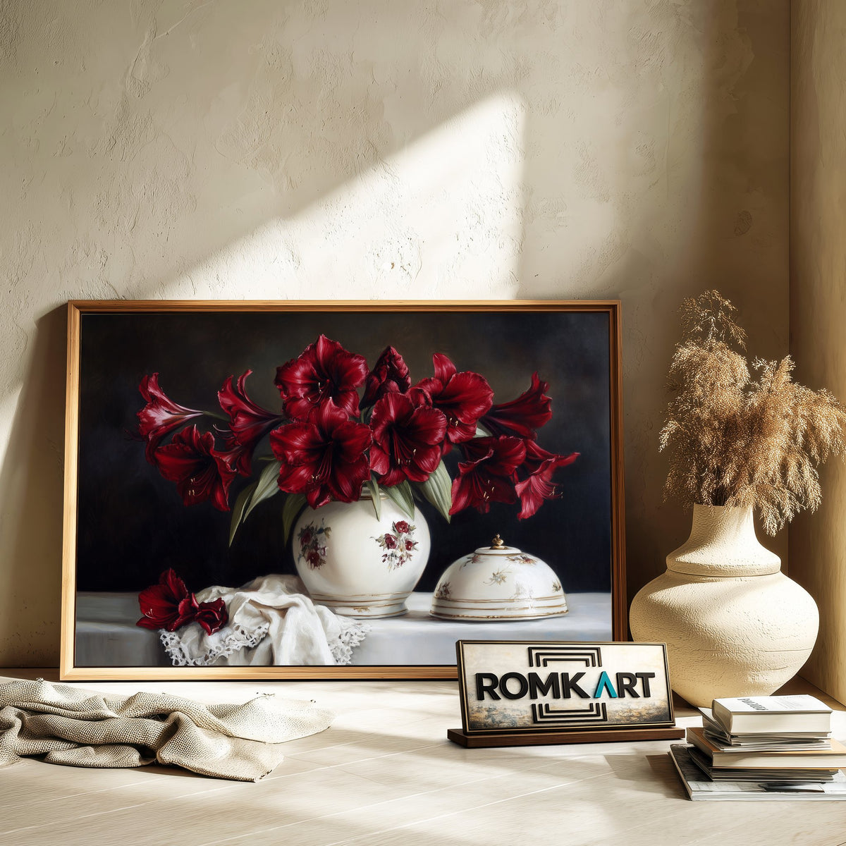Crimson Amaryllis flowers Still Life Oil Painting - image 6