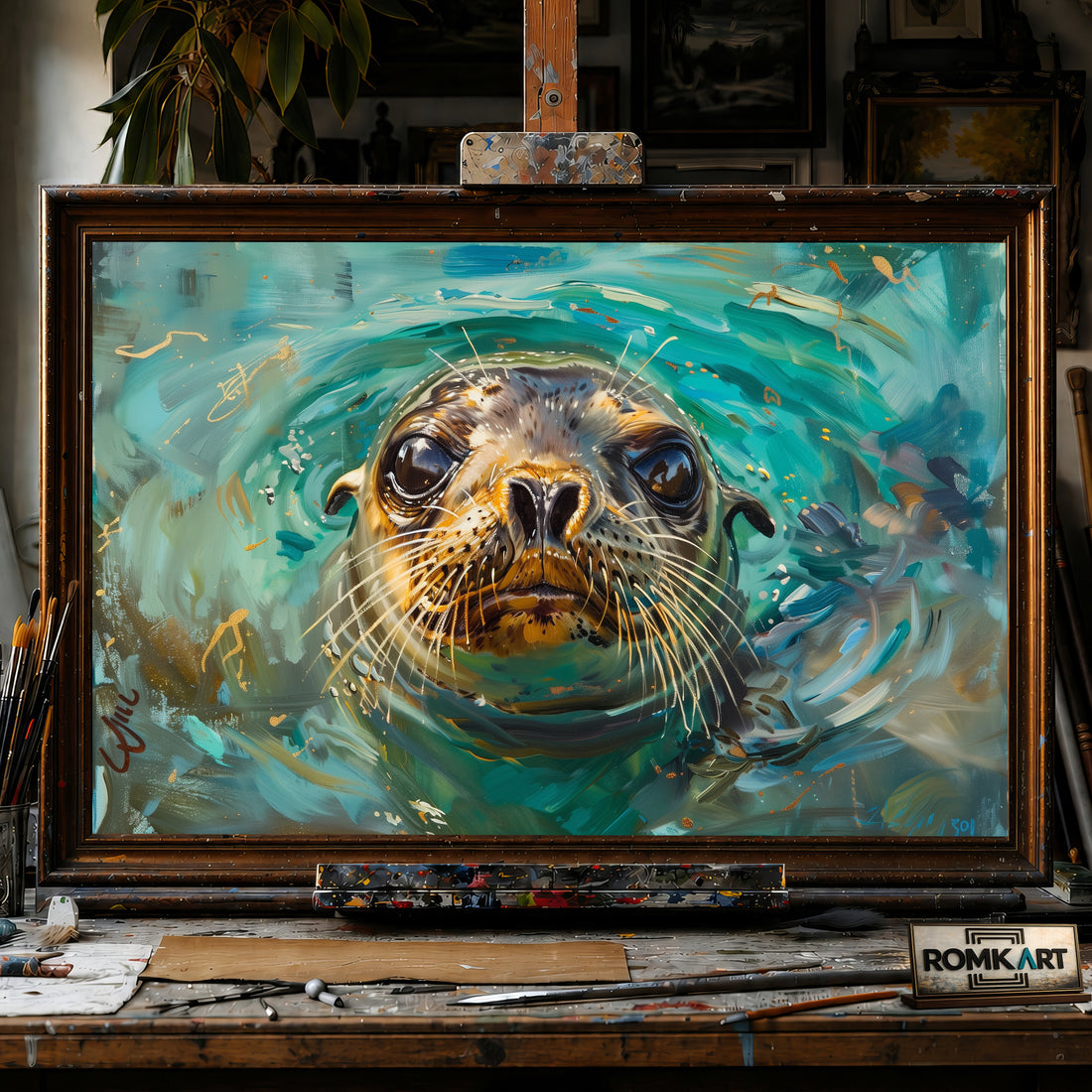 Curious Seal hand-painted oil painting on canvas