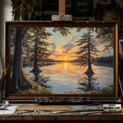 Cypress Trees on Serene Lake hand-painted oil painting on canvas