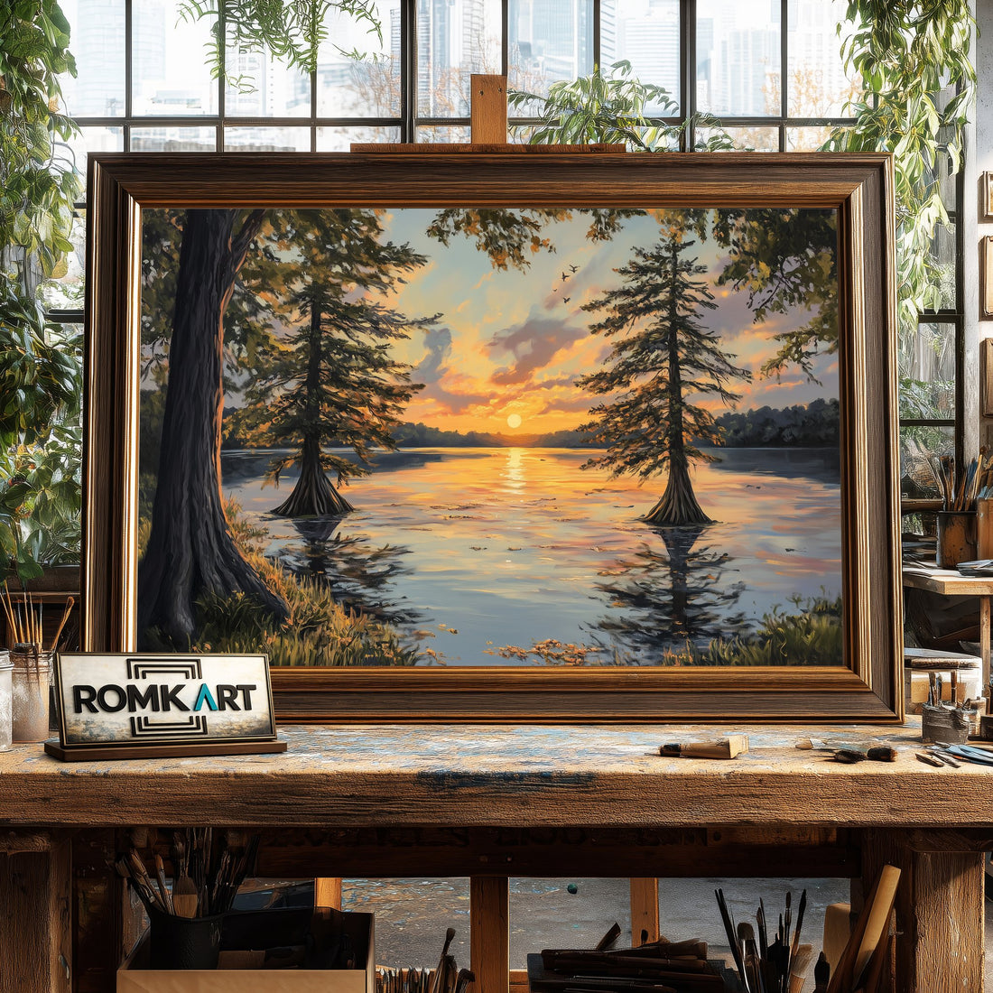 Cypress Trees on Serene Lake hand-painted oil painting on canvas