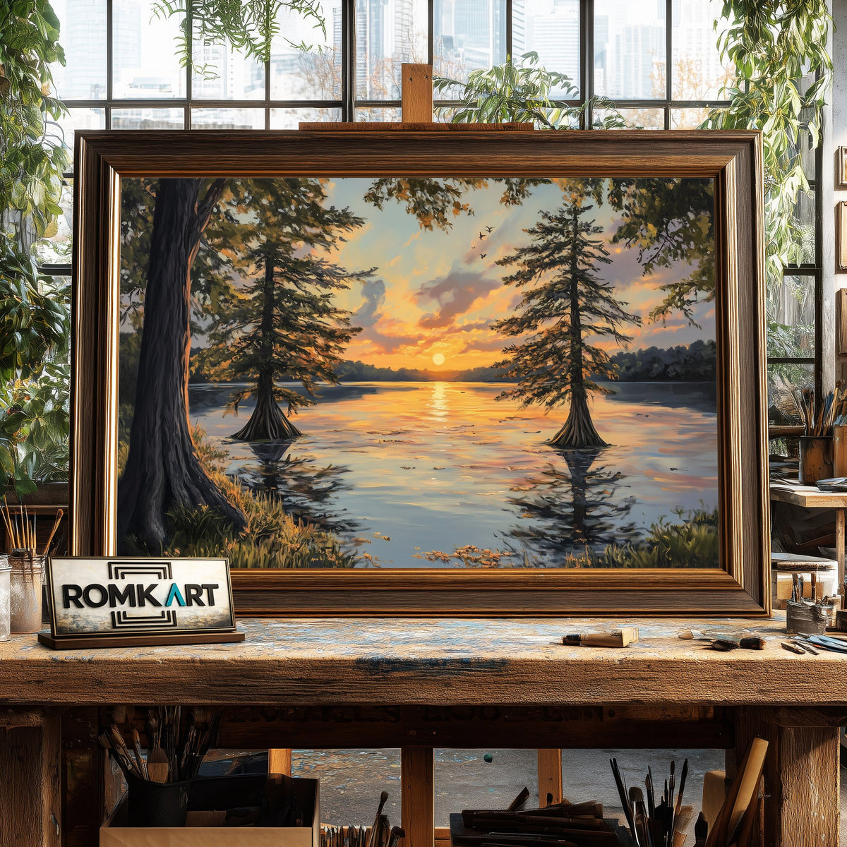 Cypress Trees on Serene Lake Waterscape Oil Painting - image 2