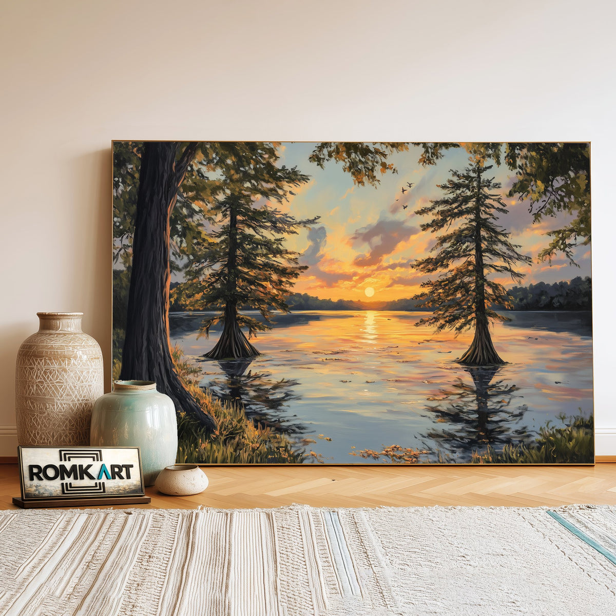 Cypress Trees on Serene Lake Waterscape Oil Painting - image 3