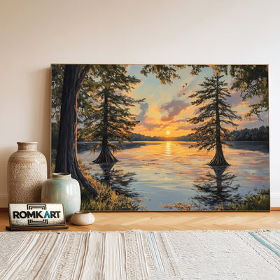 Cypress Trees on Serene Lake Waterscape Oil Painting - image 3