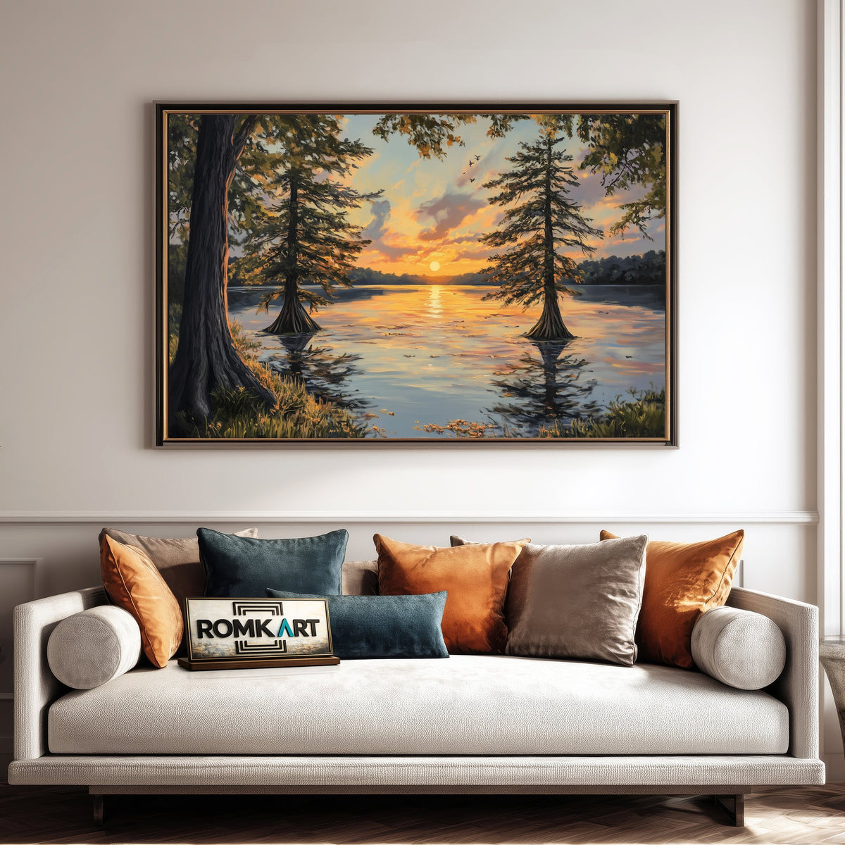 Cypress Trees on Serene Lake Waterscape Oil Painting - image 4