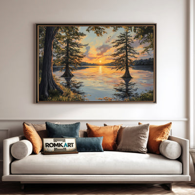 Cypress Trees on Serene Lake Waterscape Oil Painting - image 4