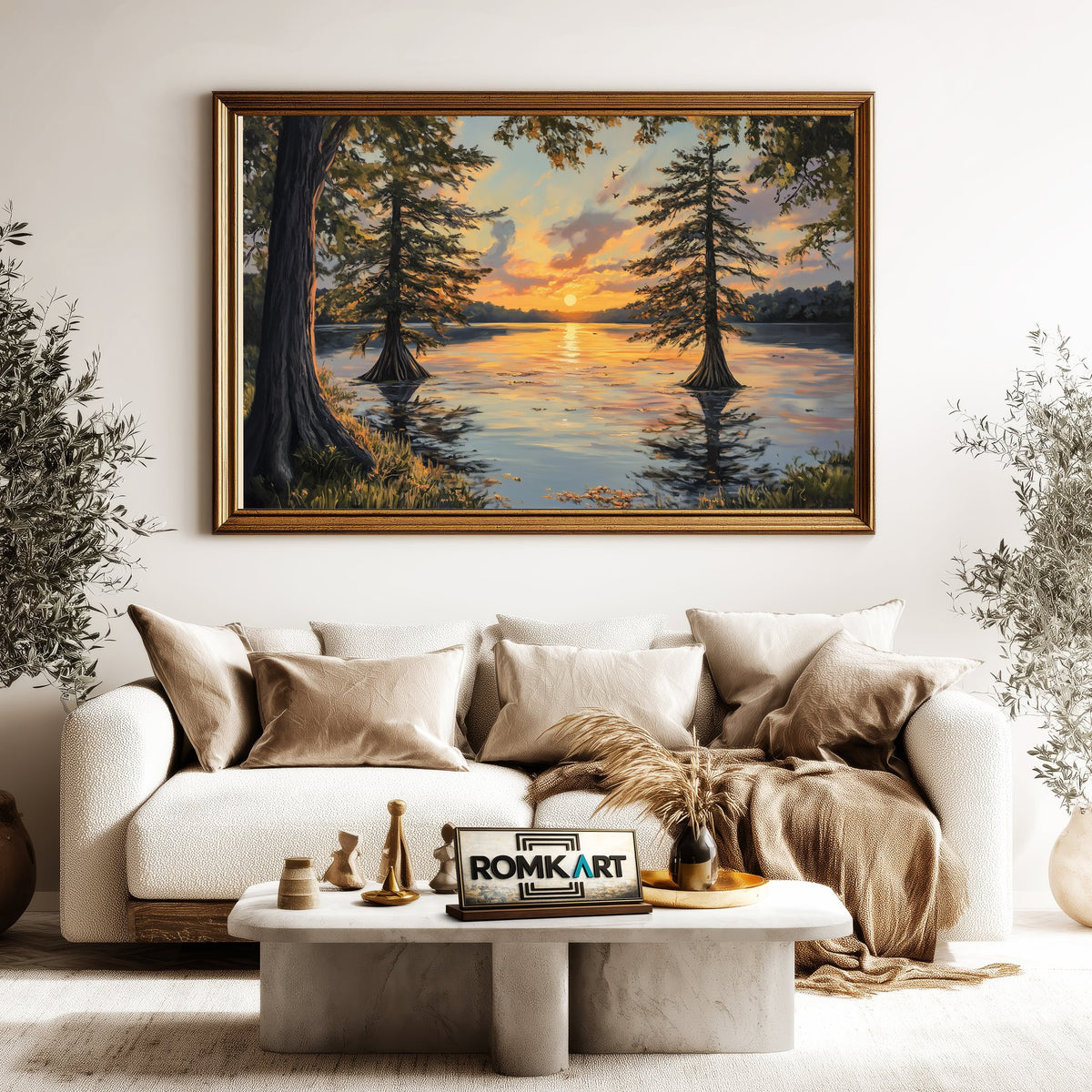 Cypress Trees on Serene Lake Waterscape Oil Painting - image 5