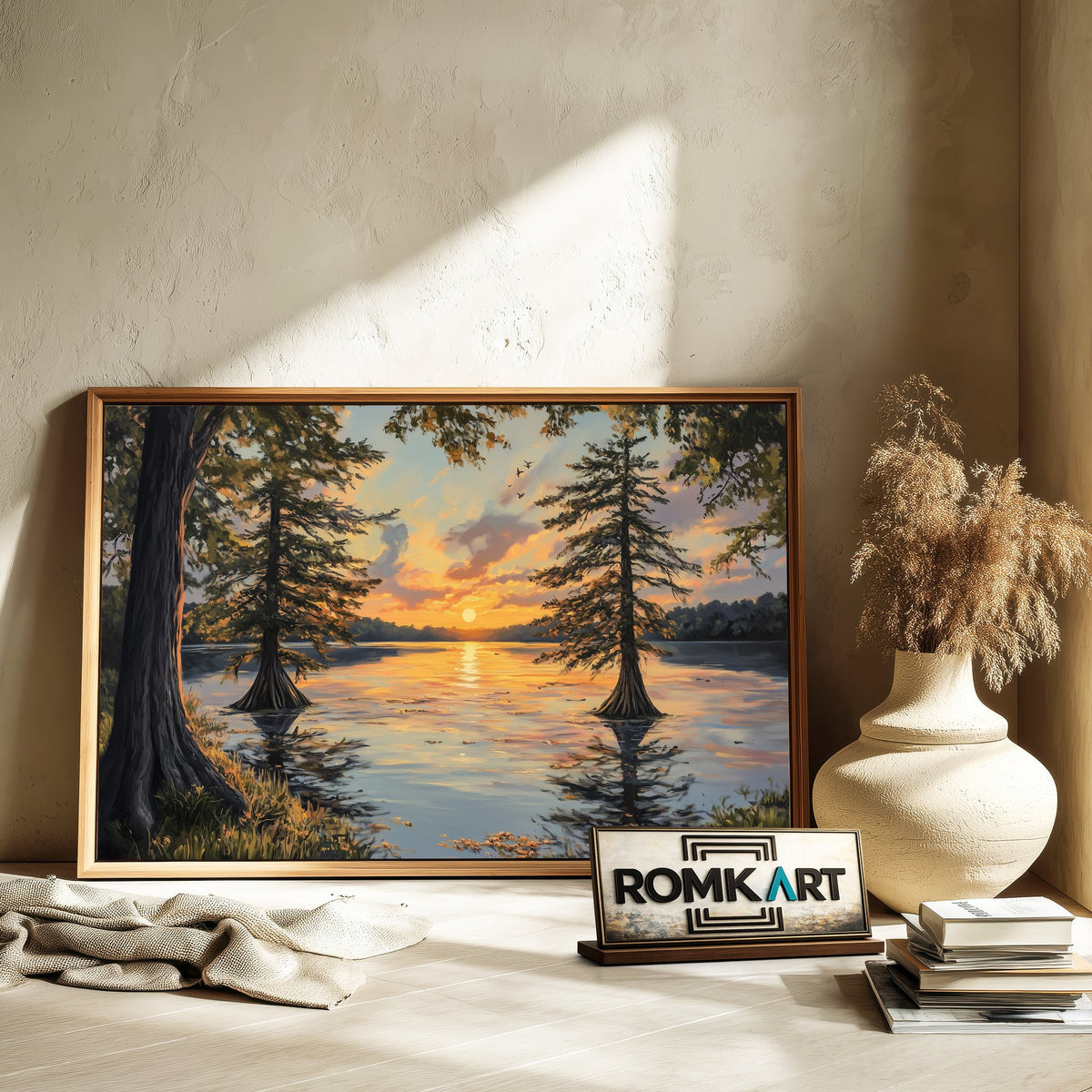 Cypress Trees on Serene Lake Waterscape Oil Painting - image 6