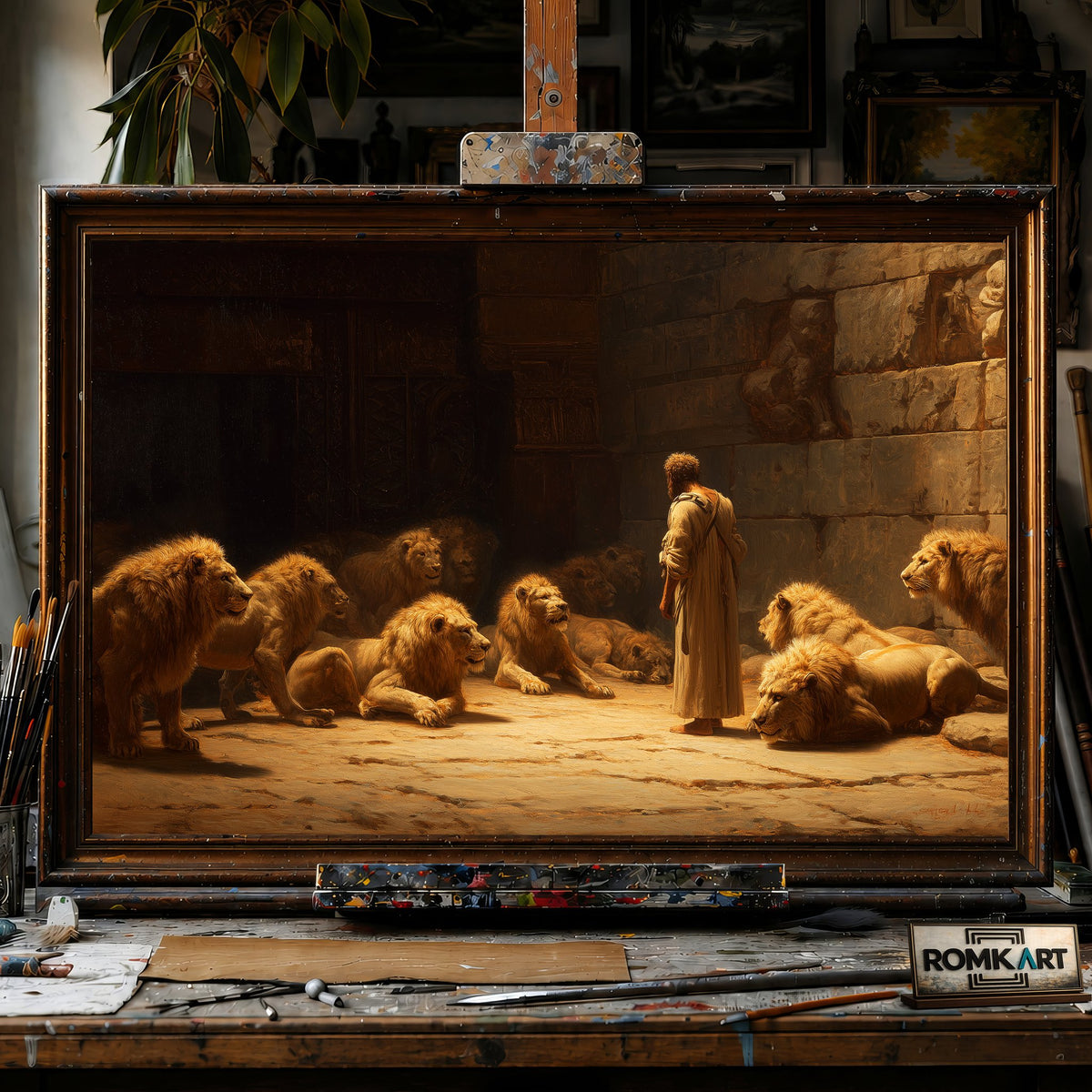Daniel in the Lions Den - Hand-Painted Oil Painting - View 1
