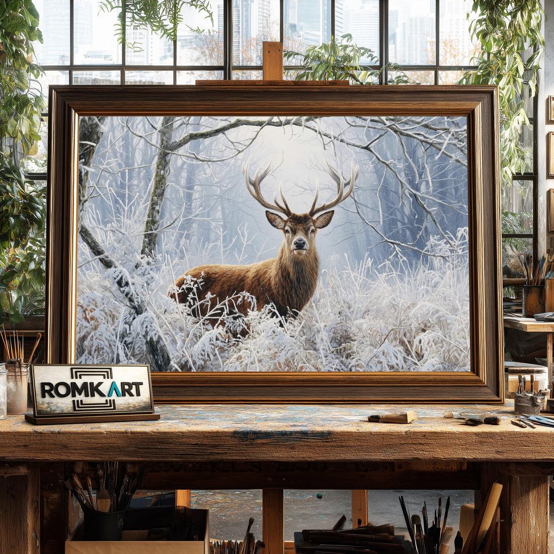 Deer in Winter Forest hand-painted oil painting on canvas