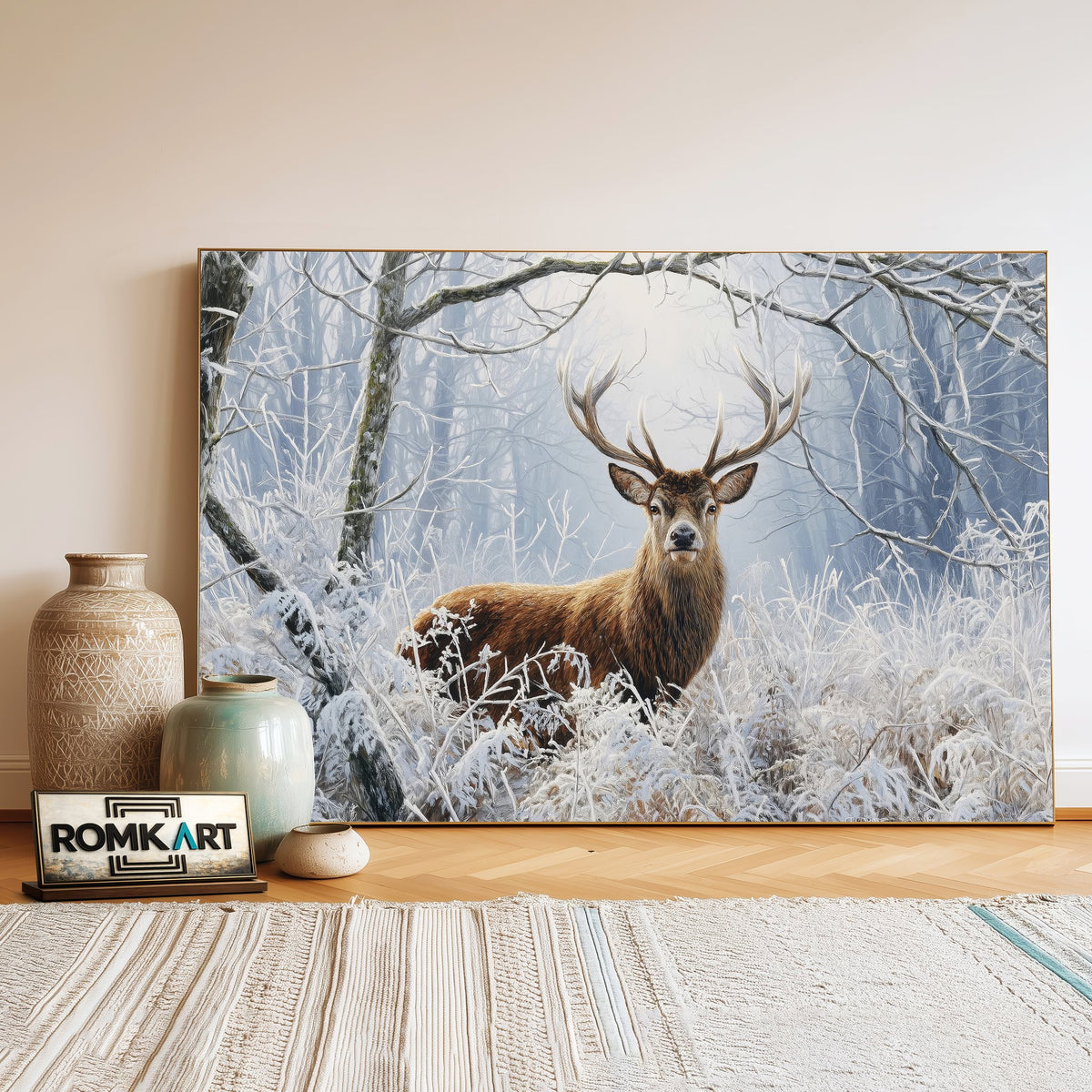 Deer in Winter Forest Wildlife Oil Painting - image 3