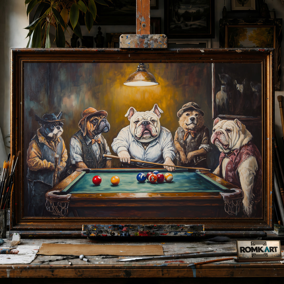 Dogs Playing Billard hand-painted oil painting on canvas