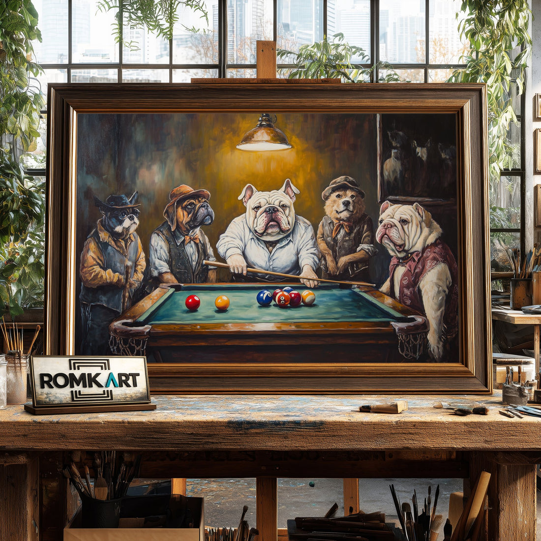 Dogs Playing Billard hand-painted oil painting on canvas