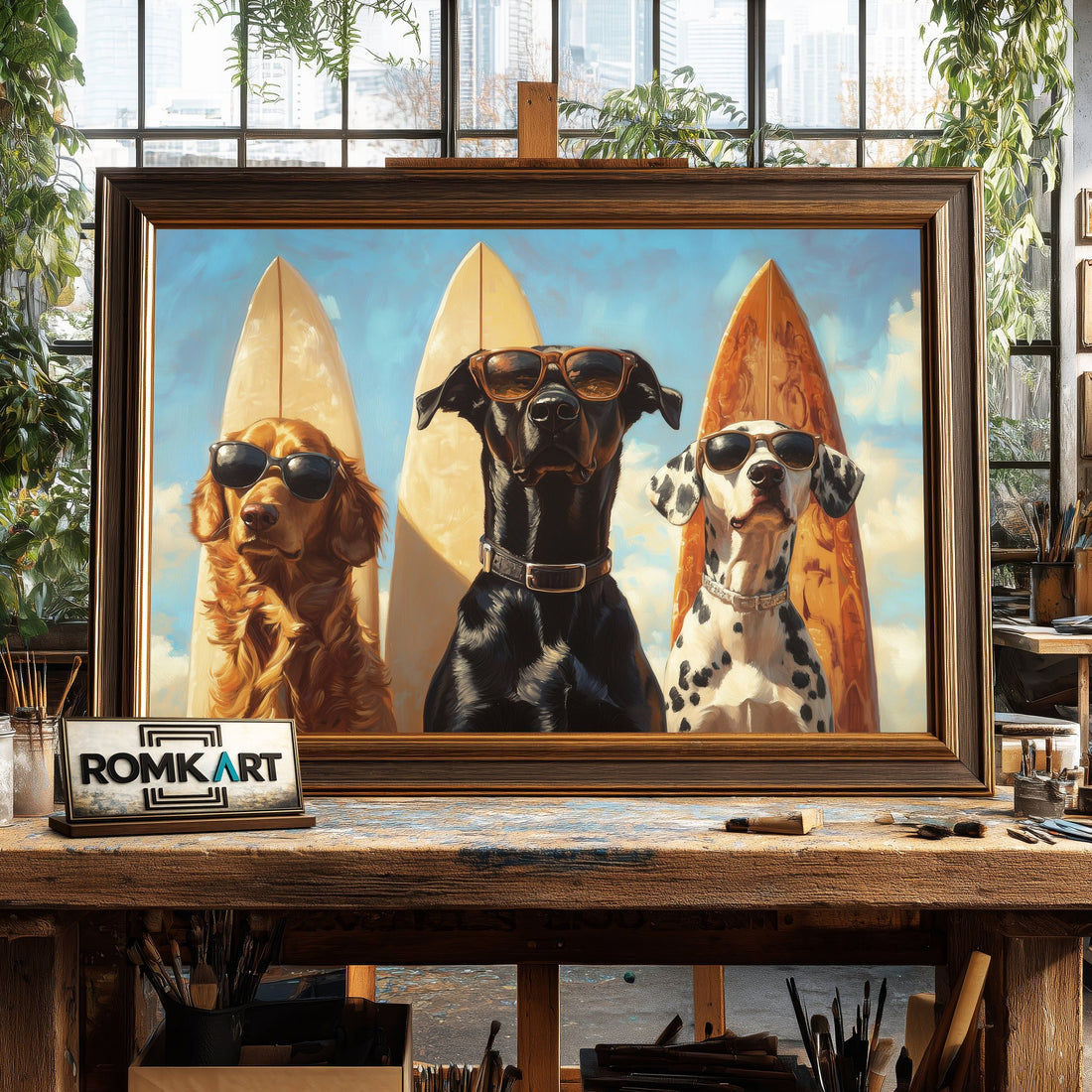 Dogs Surfboards hand-painted oil painting on canvas