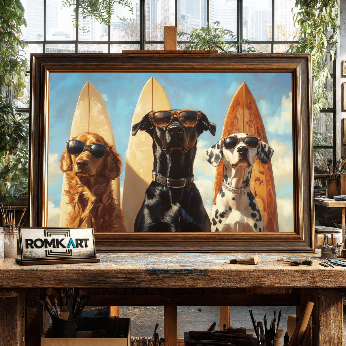 Dogs Surfboards Oil Painting - image 2