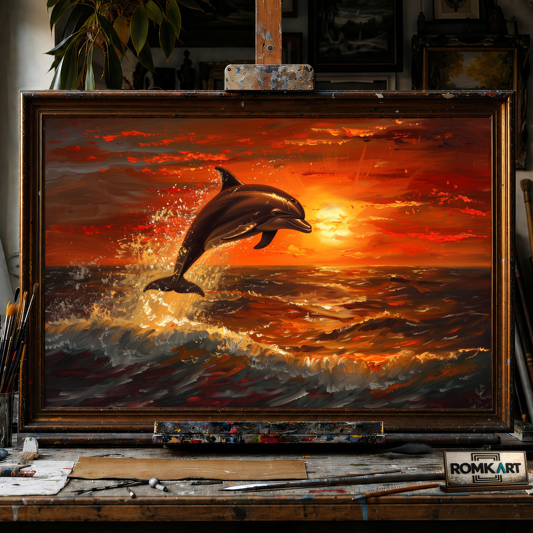 Dolphin Leaping Sunset hand-painted oil painting on canvas