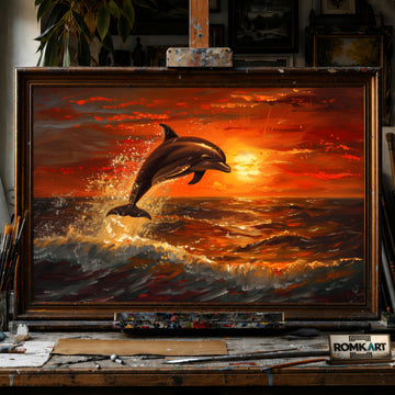 Dolphin Leaping Sunset hand-painted oil painting on canvas